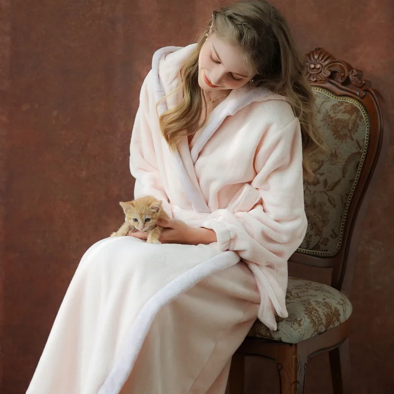 New Long Sleeve French Princess Style Nightgown for Girls Sweet Warm Thickened Fleece Bathrobe Pajamas Black Pink XL Size V N