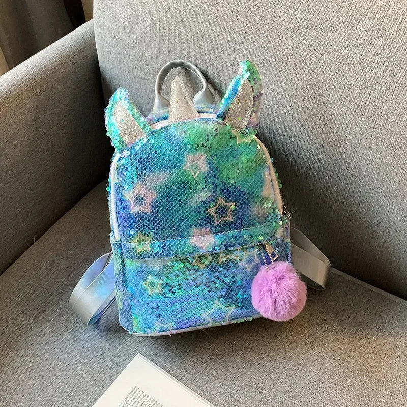 2025 New Fashion Women Bag Rainbow Cool Young Lady Fur Ball Cute Unicorn Shopping Bag Girl Sequined Backpack for Student School