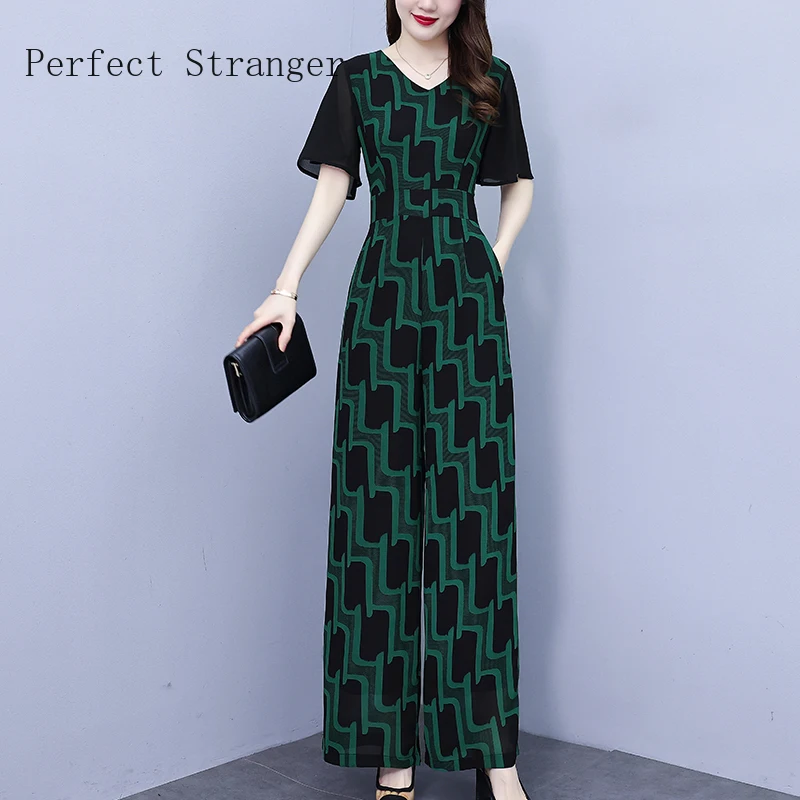 

Women Elegance Jumpsuit Print Casual Korean Loose Summer 2024 New Chiffon Wide Leg Pants Overalls Ladies Short Sleeve Casual