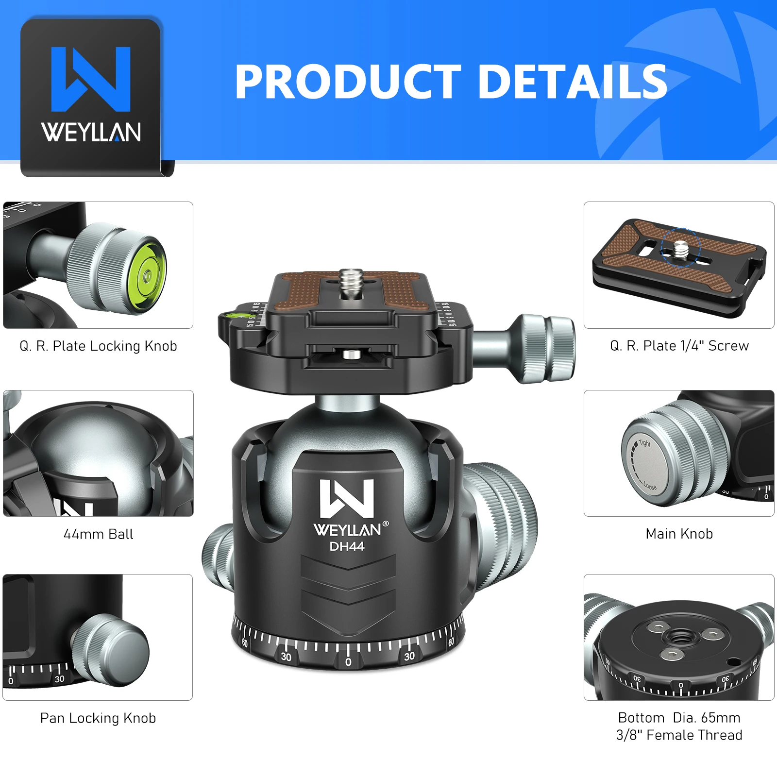 Weyllan DH44 Tripod Head 44mm Ball Head 360 Degrees Rotatable Low Profile CNC Tripod Head for DSLR Sony Nikon Canon Cameras