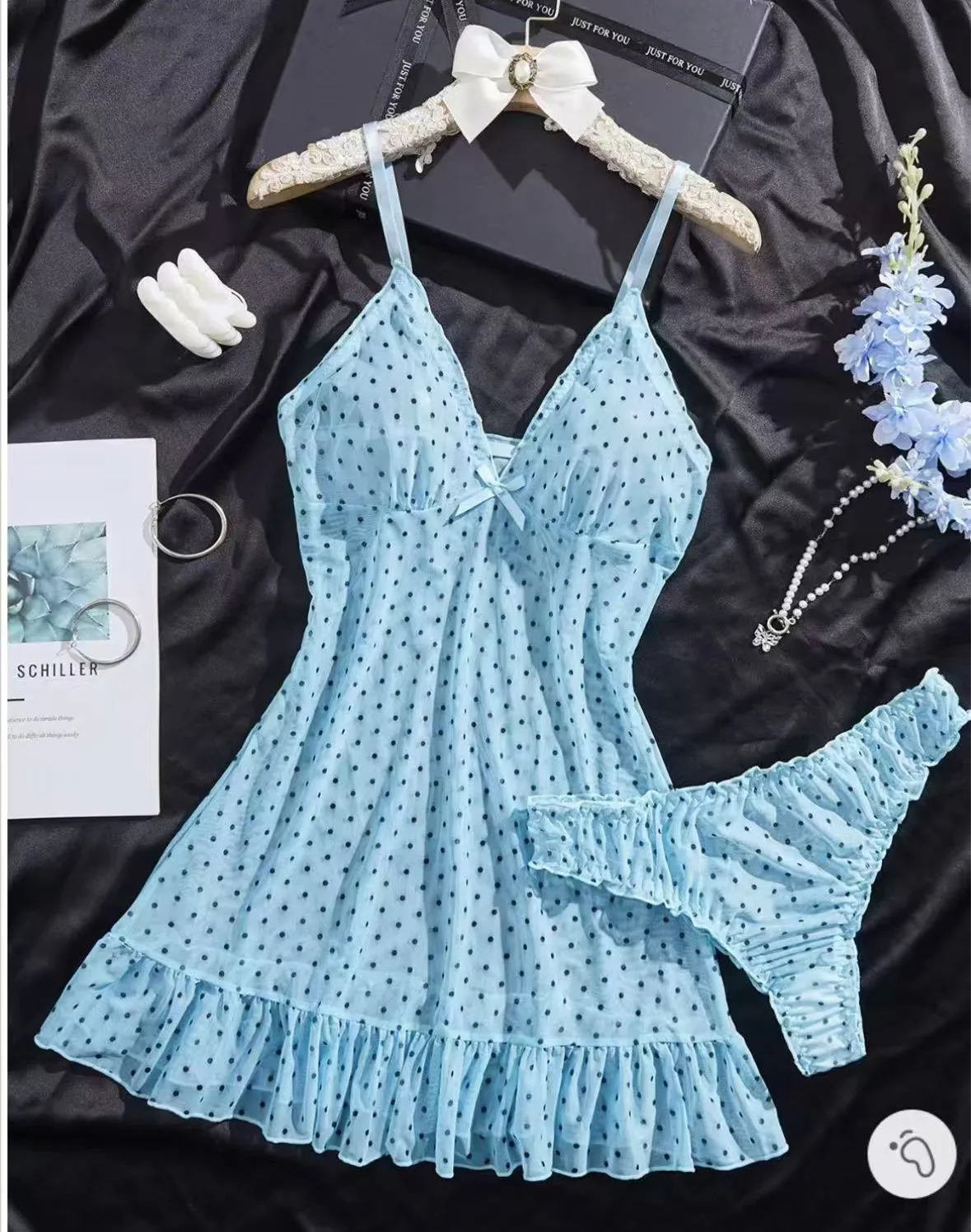 

Polka Dot Mesh Babydoll Lingerie Set Strap V Neck Ruffle Hem Pajamas Nightdress Women's Butterfly Knot Cross Border Sheer Dress