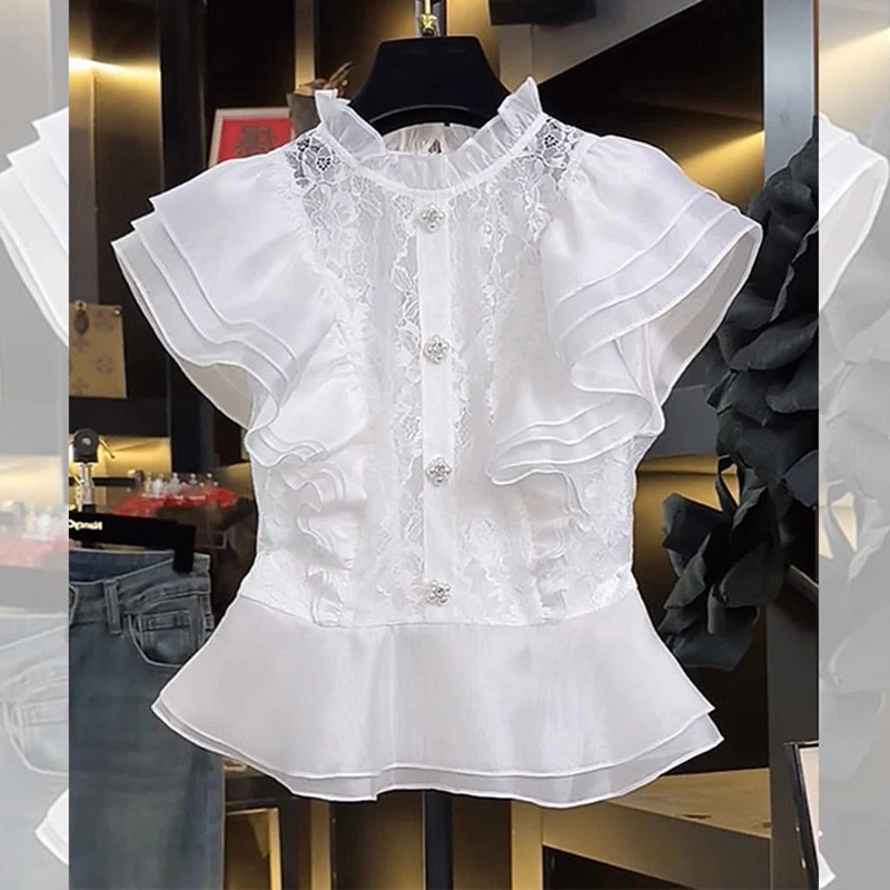 

2024 Spring New Product: Stand collar Palace Wind Lotus Leaf Edge Single breasted Buckle Waist Lace Shirt