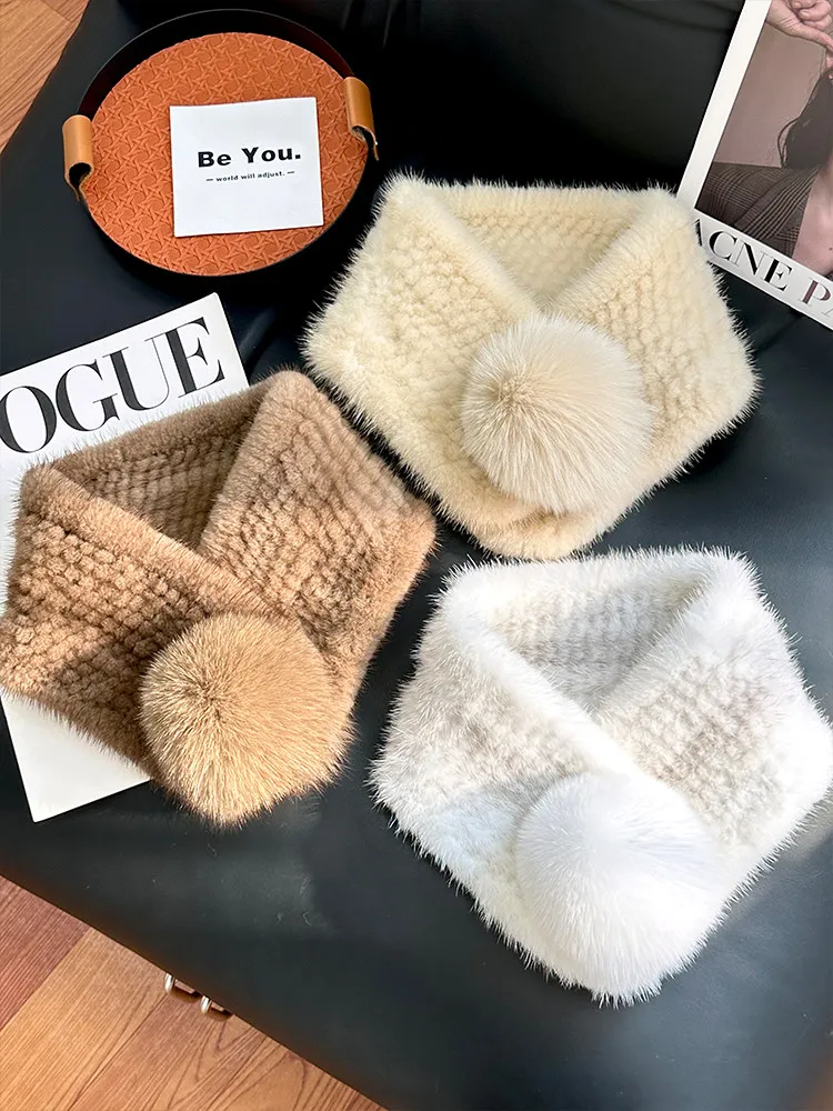 

Real Mink Fur scarves Neck Warmer Double Sided Scarf for Fall and Winter with Fox Fur Pom-Pom and Fur Collar for Neck Protection