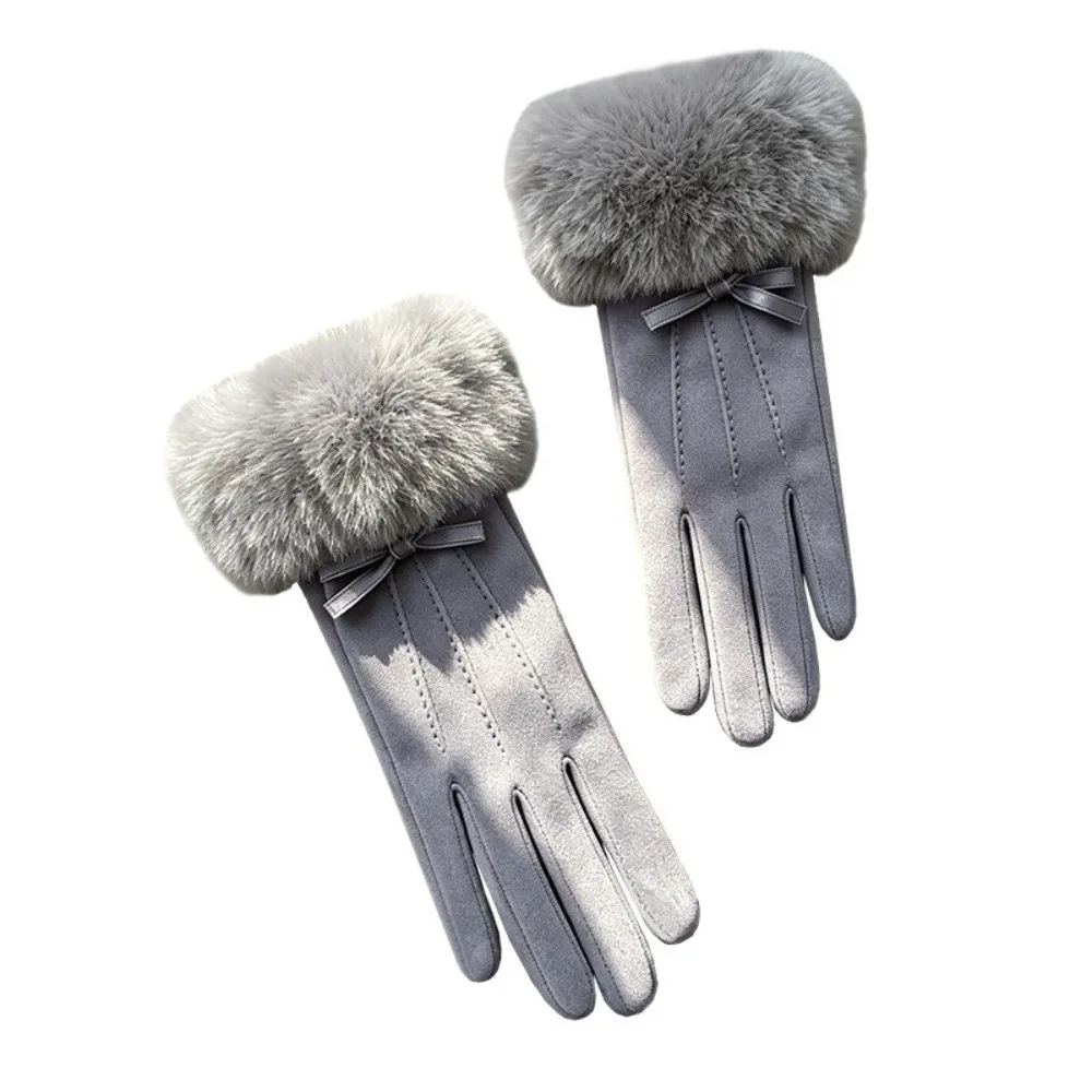 Faux Suede Material Winter Warm Gloves Thick Fleece Lined Furry Cuff Touch Screen Gloves Bow Decor Warm Thermal Layer