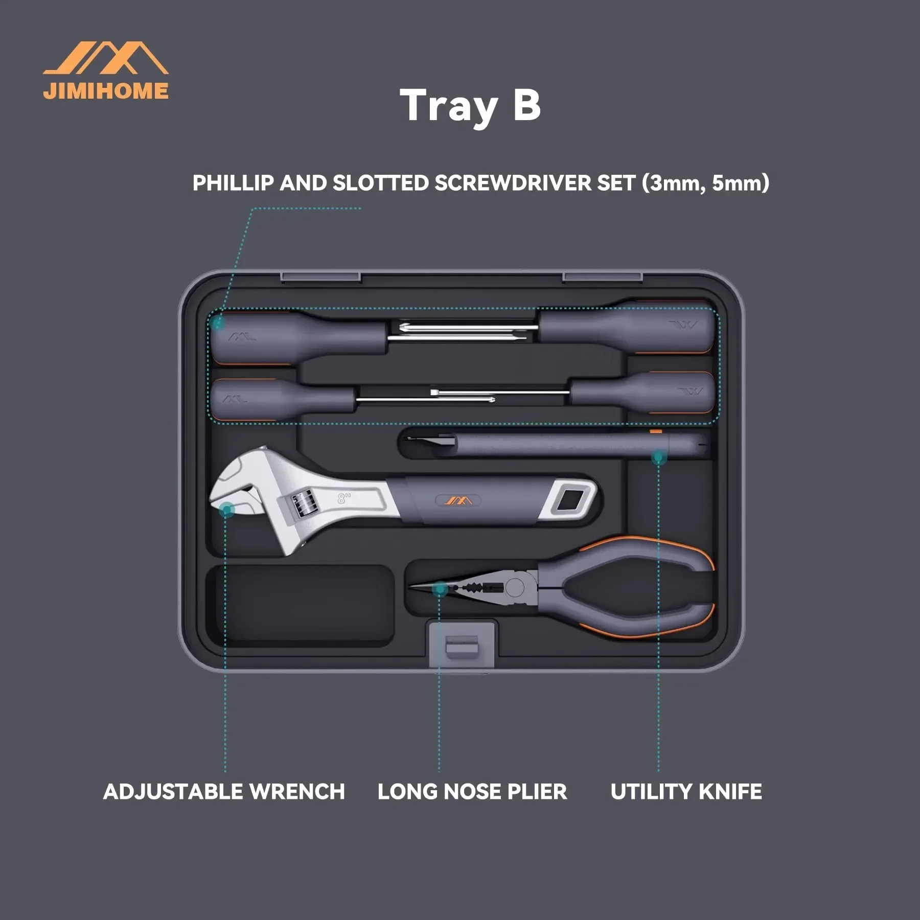 JIMIHOME Home Repair Tool Kit Set with Cordless Power Drill X Tray Set-ABCD for General Household Maintenance Drill Tool Kit