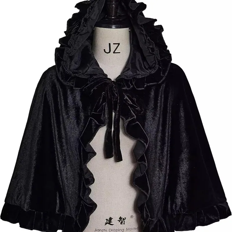 Capa Curta de Veludo com Capuz para Mulheres, Estilo Medieval, Vitoriano, Steampunk, Gótico, Sweet Lolita, com Gola, Capa de Vampiro e Feiticeira