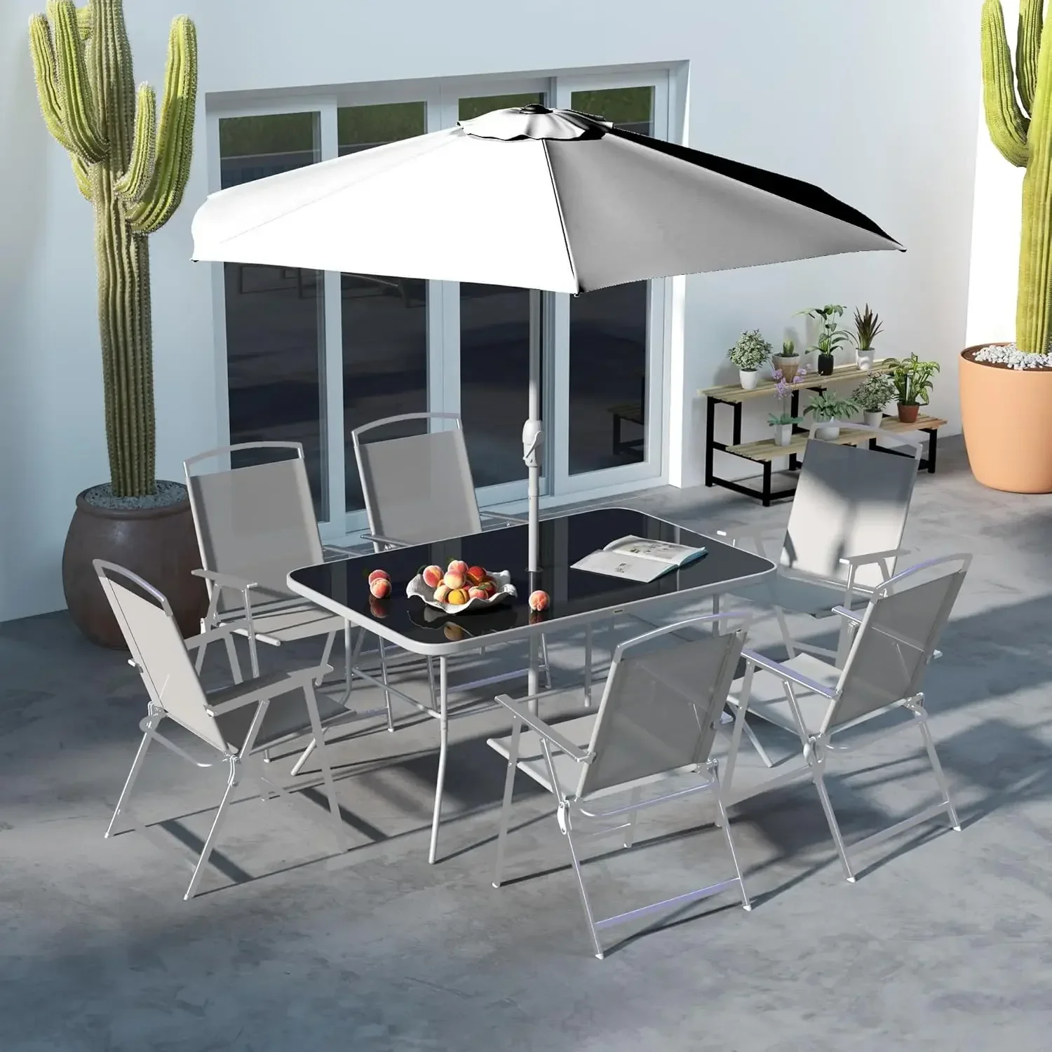 8 Piece Patio Dining Set with Table Umbrella, 6 Folding Chairs and Rectangle Dining Table, Outdoor Patio Furniture Set