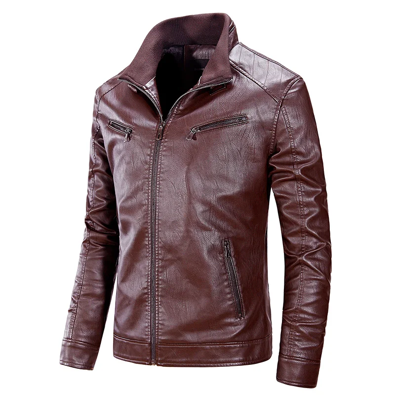 

Autumn and winter new solid color stand collar retro casual PU leather jacket for men, motorcycle jacket, men's coat