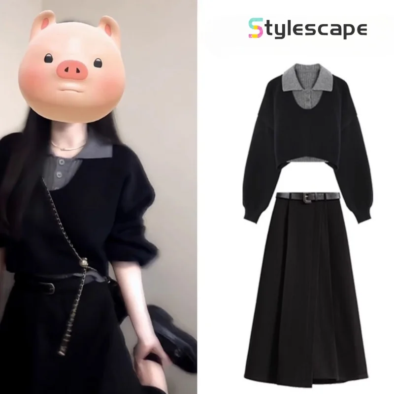 

2024 Autumn Korean Style Dress Up: A Complete Set of High End Girl's Casual Black Dress, Autumn New Three Piece Set