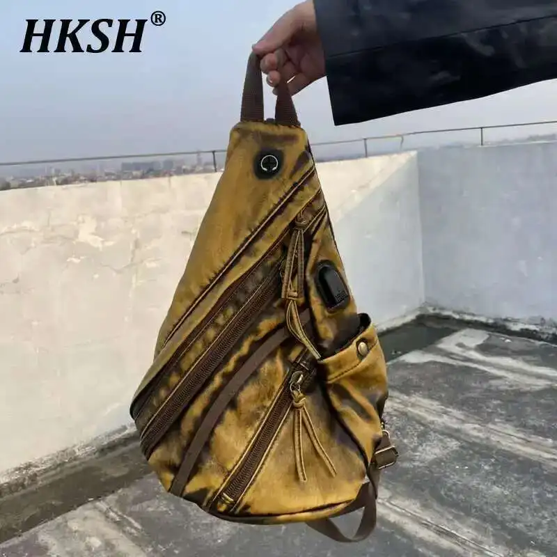 

HKSH Crazy Horse Skin Large Capacity Waist Bag Single Shoulder Crossbody Bags Motorcycle Vintage PU Waste Land Chic Tide HK1415