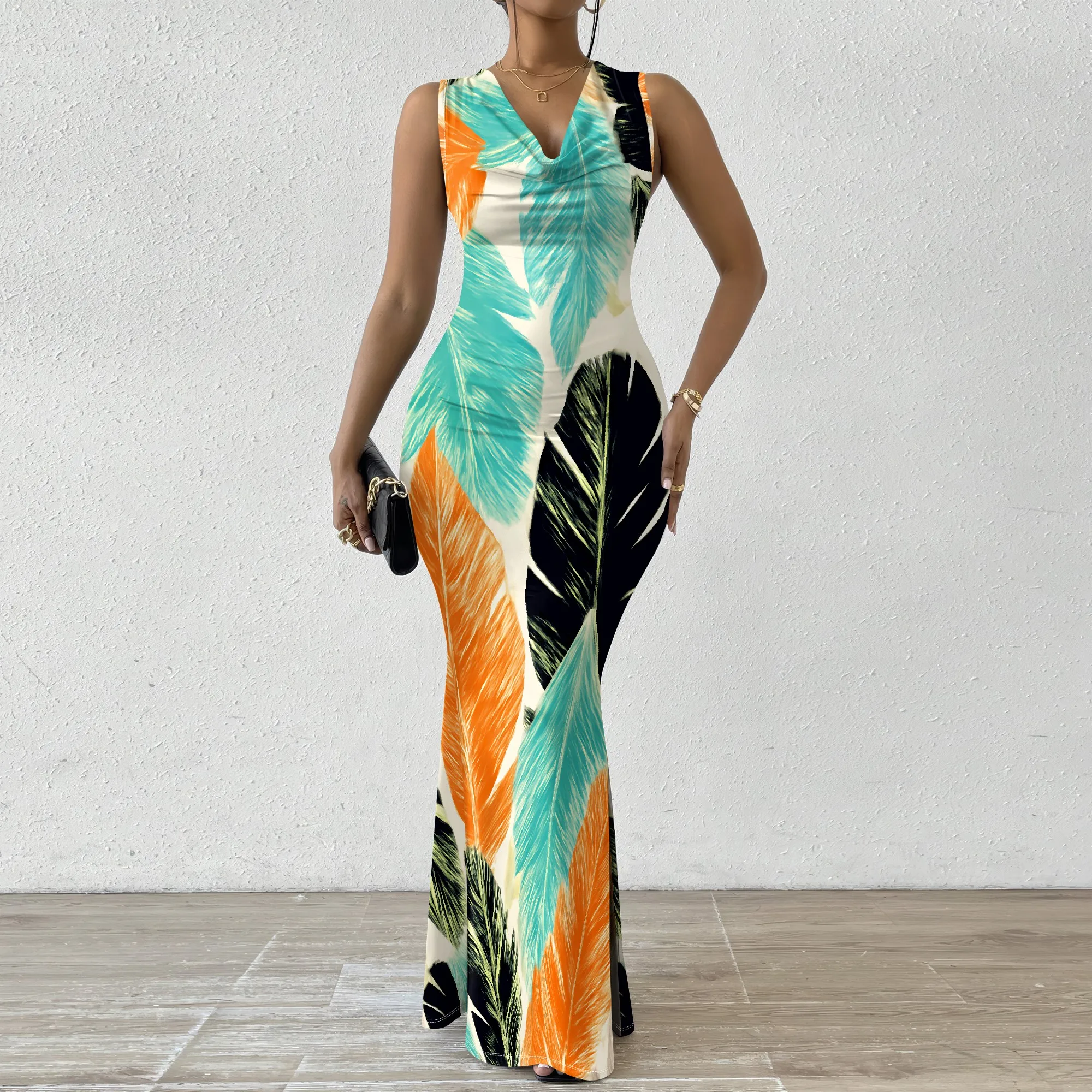 

Orange Blue Feather Print Maxi Dress XS-2XL Sleeveless Cowl Neck Slim Fit Style for Summer Brunch, Beach Party or Afro Chic Look