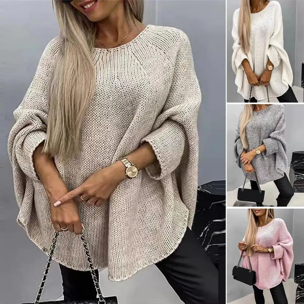 Women Sweater O-Neck 3/4 Sleeve Cloak Style Pullover Tops Solid Color Jumper Loose Fit Elastic Breathable Knitting Tops 겨울 스웨터