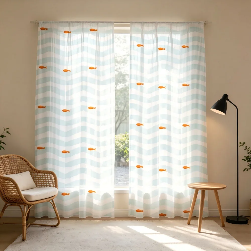 2PCS Digital Print Sheer Curtain, Ocean Fish Sea, Nautical Coastal Marine - Voile Drapes for Bedroom Living Room Decor