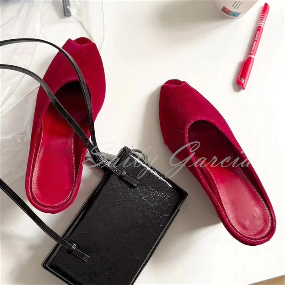 

Red Suede Slope Heel Fish Mouth Sandals for Women 2026 Early Spring Slip On Elegant Party Banquet Dress Slippers Single Shoes