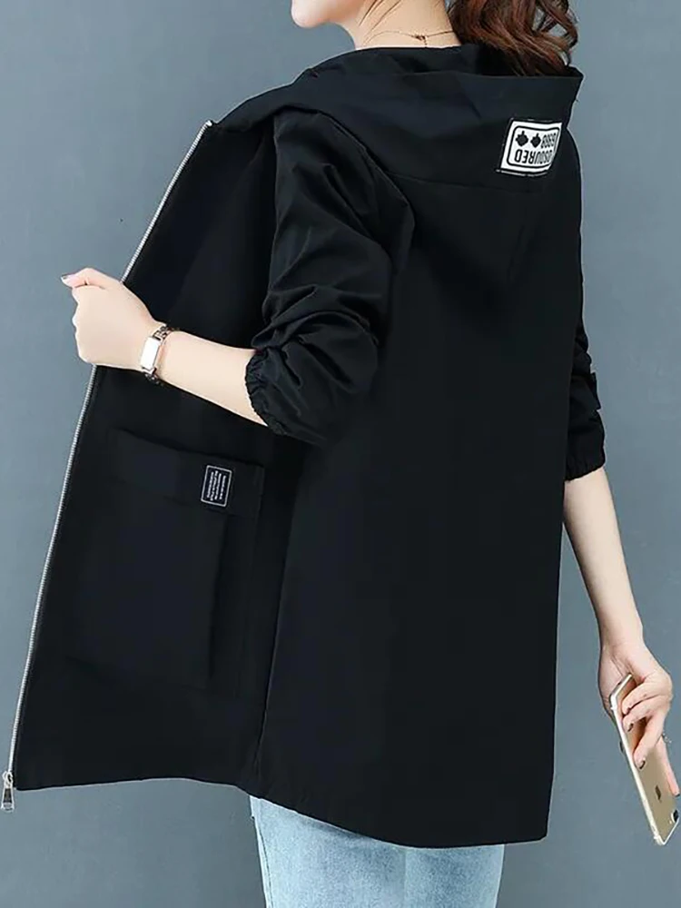 2024 New Fashion Loose Pocket Solid Hooded Zipper Jacket Women\'s Long Sleeve Windbreaker Coat Female Spring Autumn Outerwear