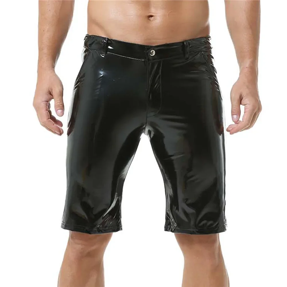 Mens PVC Leather Casual Shorts with Pockets Elastic Waist Slim Nightclub Dance Costumes Glossy Party Male Short Pants Trousers