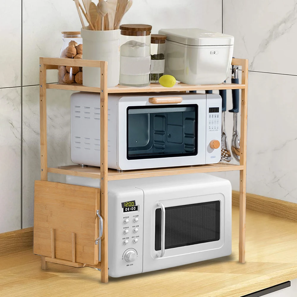 

2/3-слойная бамбуковая полка для микроволновой печи, кухонная стойка для хранения на столешнице, бытовая стойка для шкафа для специй