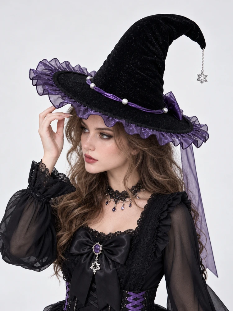 Black Witch Hat Lace Ruffle Wide Brim Bow Star Charm Halloween Costume Headwear for Women Cosplay Party Masquerade Dress Up