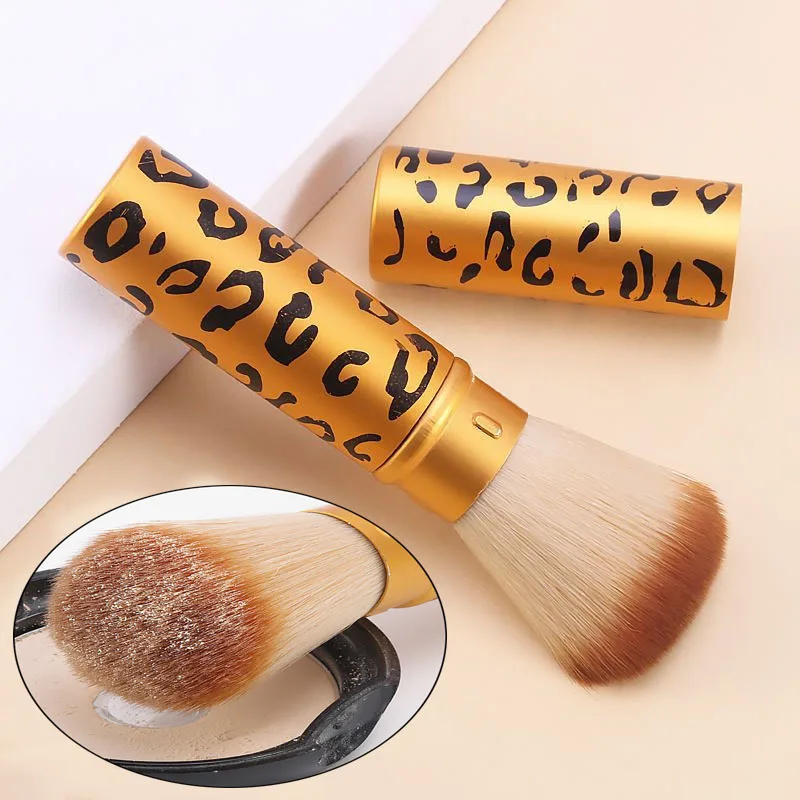 Leopard Retractable Powder Blush Brush Golden Travel Makeup Brush with Dust Cover Soft Fluffy Bristles Cosmetic Blush Brush