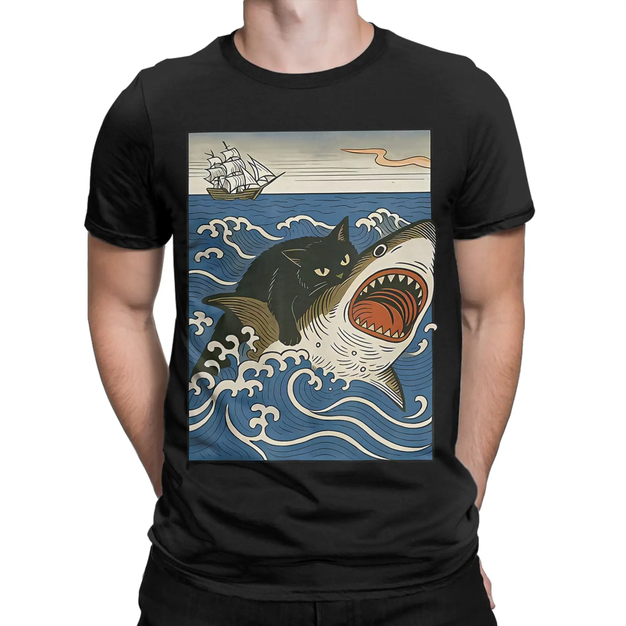 Fashion Cat Hunting Shark T-Shirt Men Round Collar Cotton T Shirt  Short Sleeve Tees Plus Size Tops