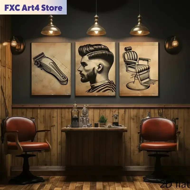 Frameless2D Flat 3pcs Vintage Barber Shop Poster Set - Classic Retro Barber Art Prints, Frameless Canvas Wall Decor for Home, Of