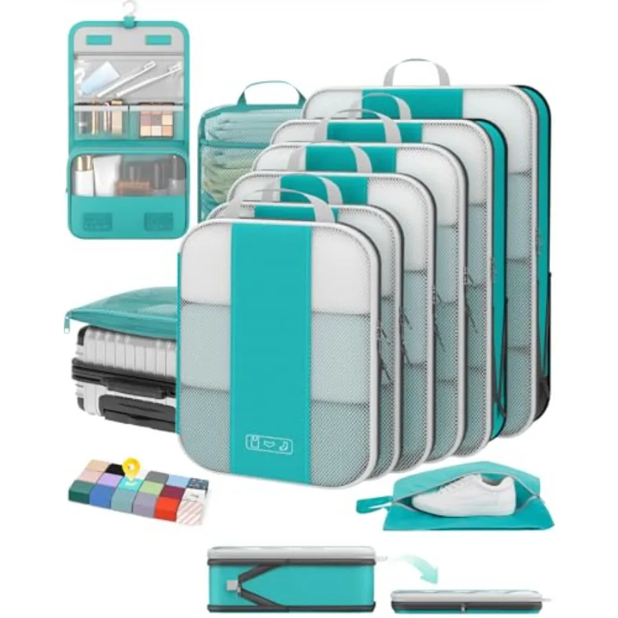 

10 Set Compression Packing Cubes for Travel Essentials Compressible Expandable Packing Cubes for Suitcase Luggage Organizer Bag
