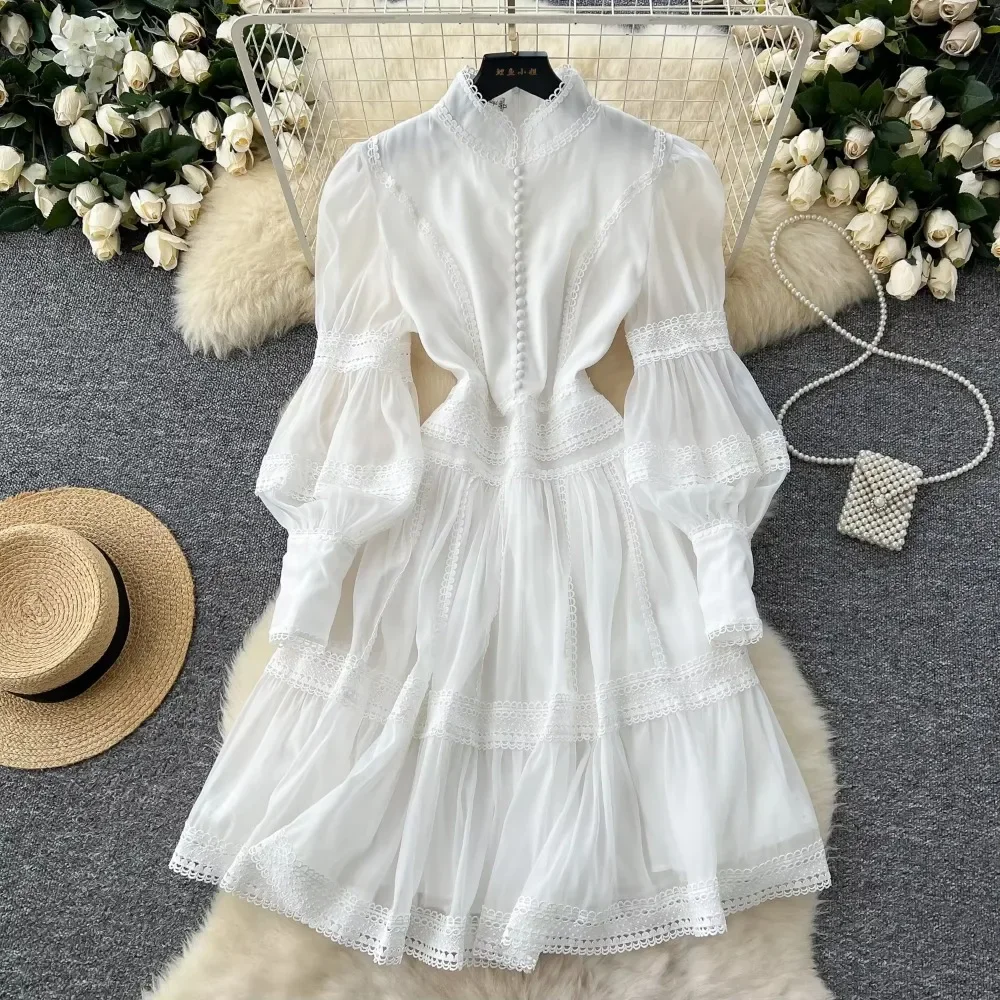 knee length dresses for ladies Chiffon Lantern Sleeve Lace Trim Dress