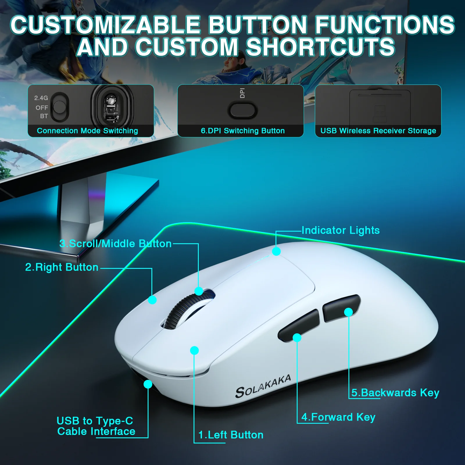 SOLAKAKA SM850 Wireless Gaming Mouse Tri-Mode Connection 55G Ultra-Light 24000DPI PAW3311 Macro E-sports Gamer Mouse Ergonomic