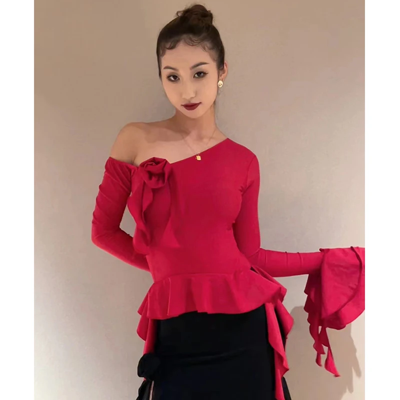 2024 Ballroom Dance Clothes Women Adult Red Slant Shoulder Tops Long Sleeves Practice Training Wear Latin Dance Costume BL12226