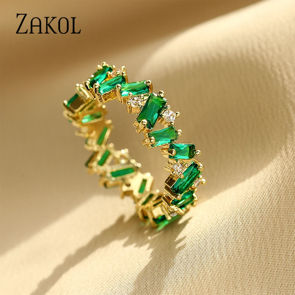 ZAKOL Fashion Luxury Multicolor Charm AAA Baguette Cubic Zirconia Wedding Rings for Women T Shape Stone Party Jewelry RP5083