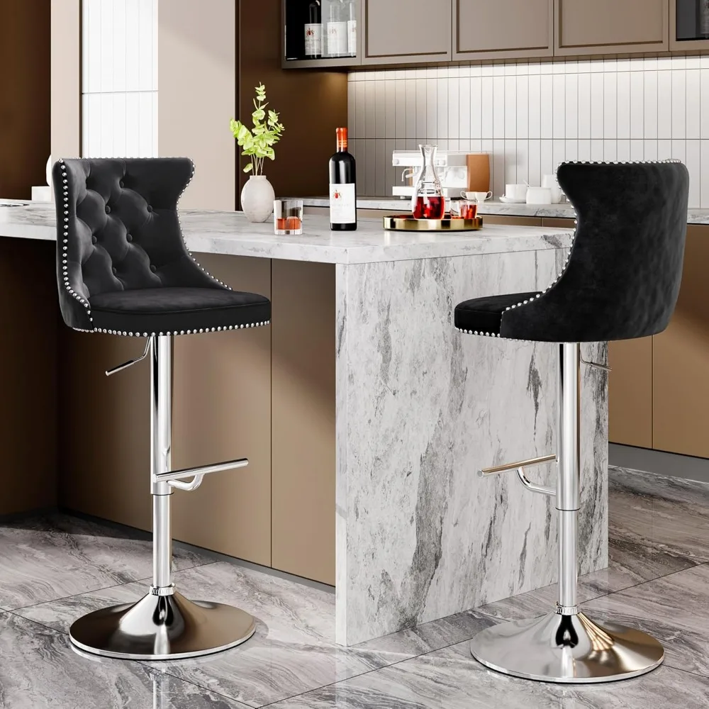 Swivel Bar Stools Set of 2, Adjustable Velvet Counter Height Barstools with High Back & Nailheads Trim, Modern Upholstered Bar C