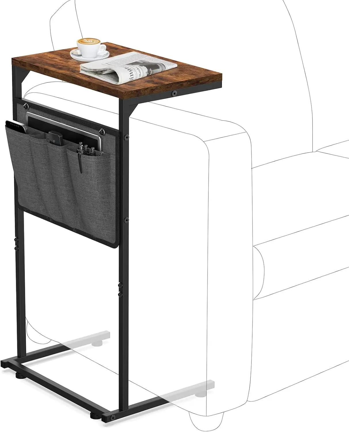

C-Shaped End Table with Storage Bag, Slide Under Sofa Tray Desk for Living Room and Bedroom in Rustic Brown