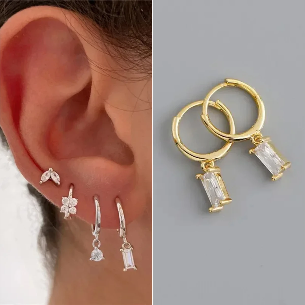 2PC Stainless Steel Little Huggies Hoop Earrings For Women Tiny Crystal Zirconia Pendant Cartilage Earrings Piercing Jewelry