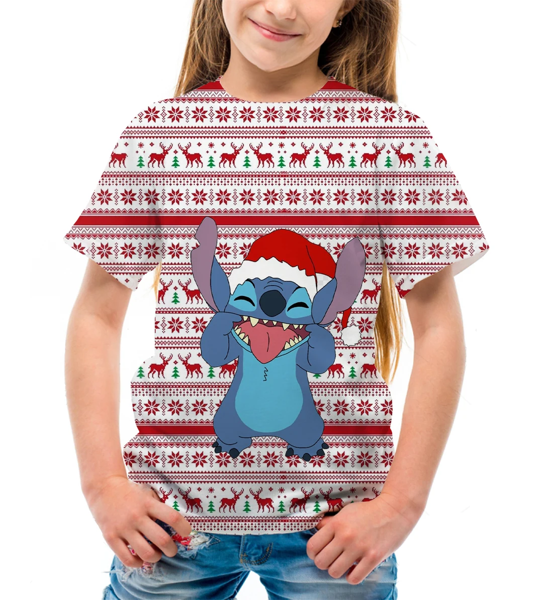 Novedad de verano para niñas, camiseta holgada y cómoda con estampado de dibujos animados de Navidad de Disney Stitch, camiseta de manga corta para niños, Top de cuello redondo