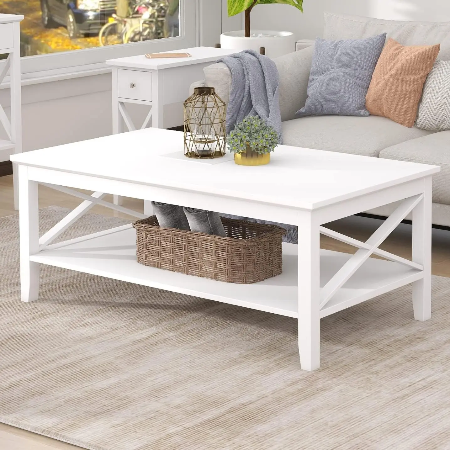 

White Coffee Table Classic Design for Living Room, Rectangular Modern Cocktail Table with Storage Shelf 39 Inch