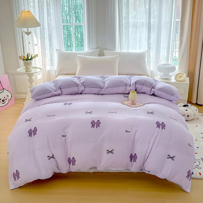 Seersucker Duvet Cover Purple Color Bow Printed housse de couette 220x240 Single/Queen/King Size Quilts Cover funda nordica