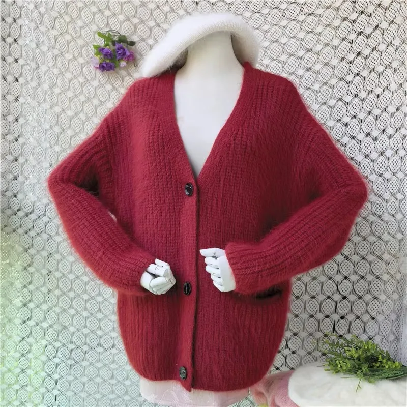 Women Mujer Autumn Winter Thick Warm Hairy Mink Cashmere Knitted V-Neck Long Sleeves Loose Cardigans Sweater Angora Jacket Coat