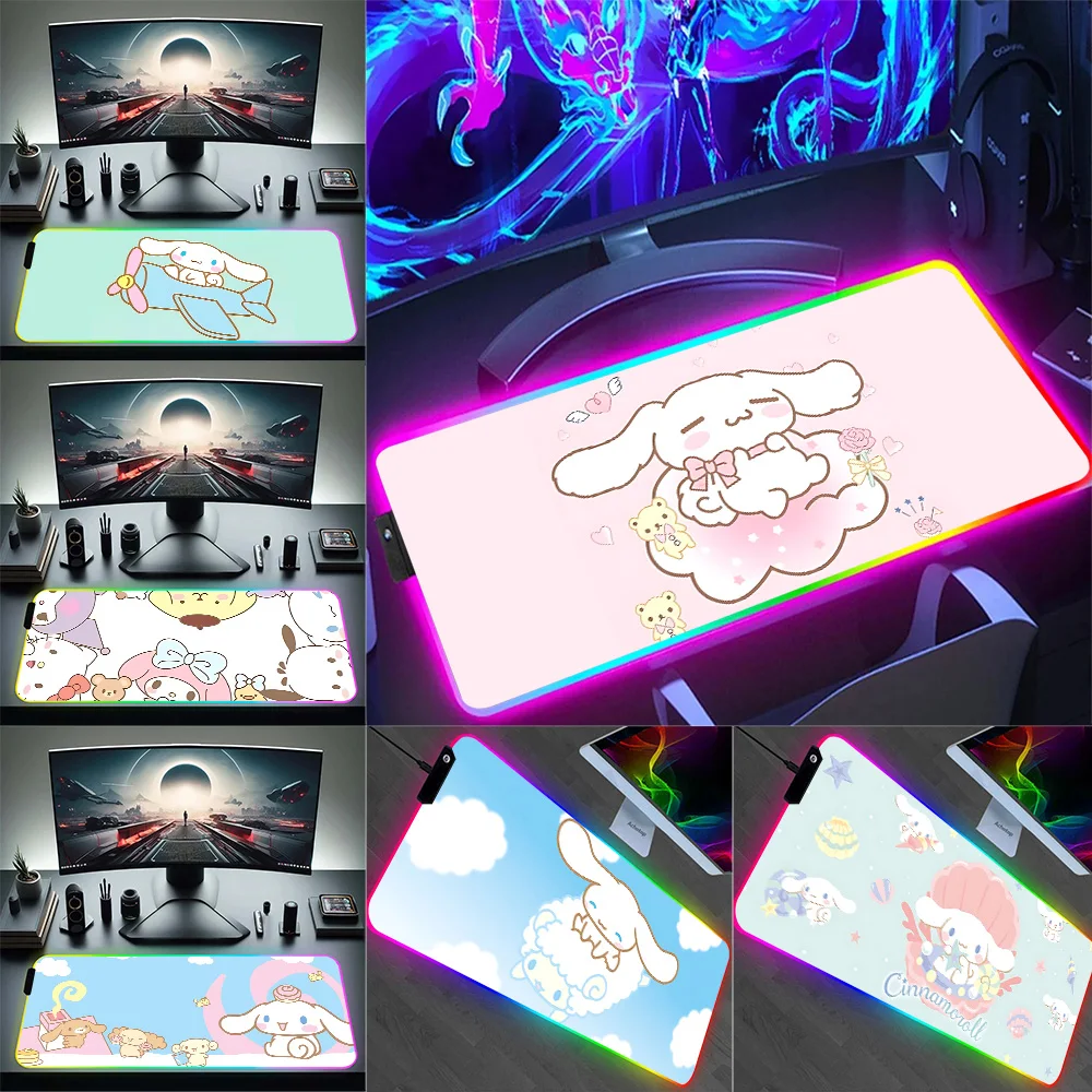 

RGB Cute Cinnamorolls Pc Gamer Keyboard Mouse Pad Mousepad LED Glowing Mouse Mats Rubber Gaming Computer Mausepad