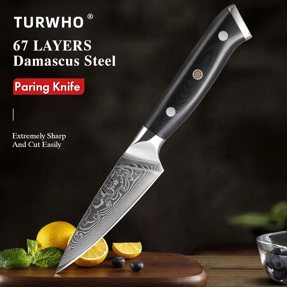 TURWHO-cuchillo de cocina profesional de acero damasco, cortador de Chef, pelado de frutas, utilidad, herramientas de cocina de verduras, 3,5"