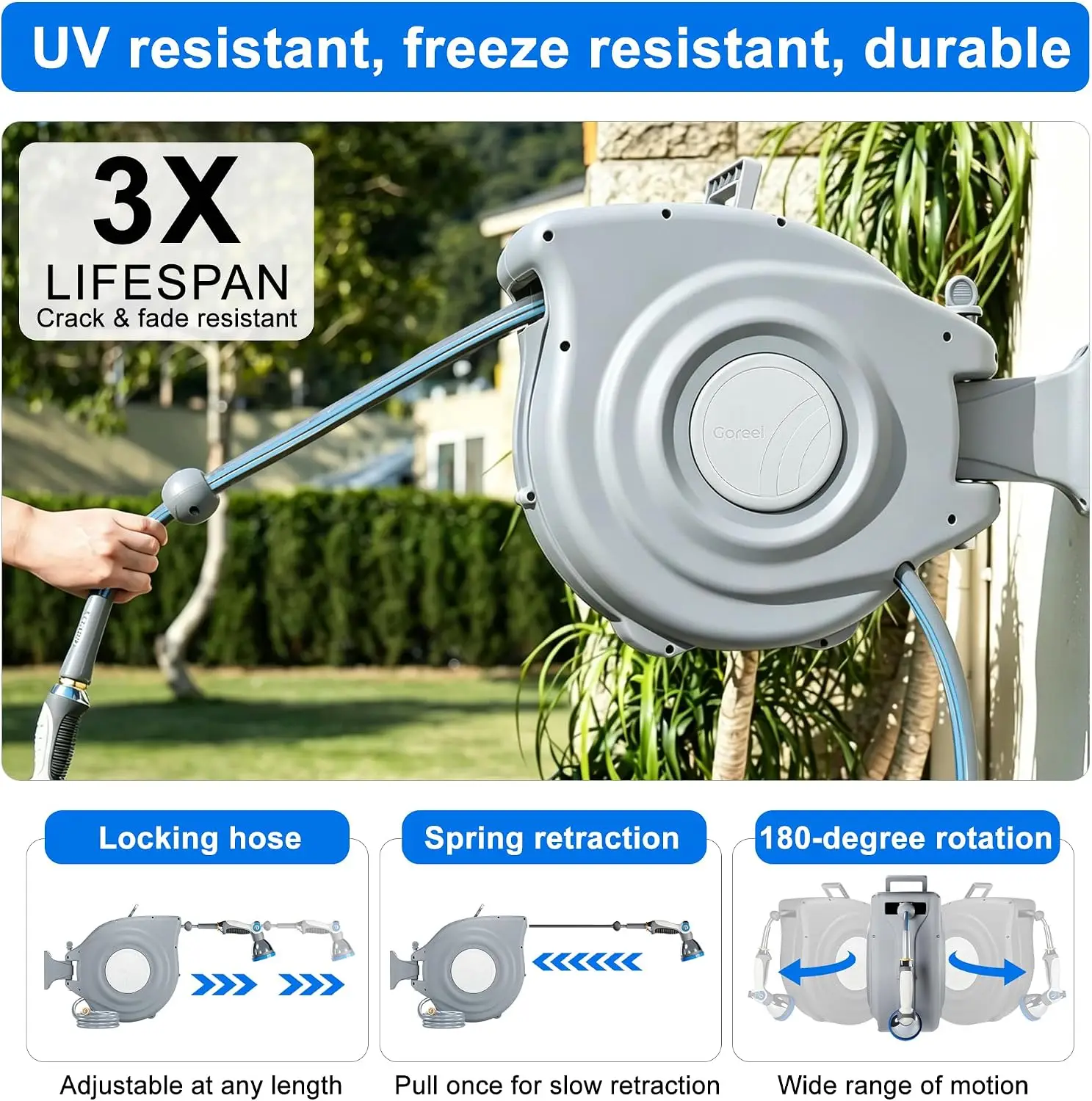 Retractable Garden Hose Reel 5/8 in x 65 ft Automatic Water Hose Reel