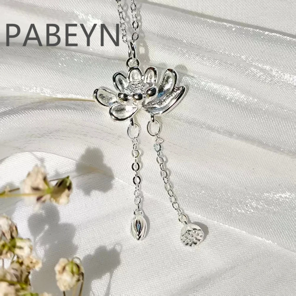 

925 Sterling Silver Temperament Fashion Tassel Lotus Pendant Necklace Birthday Gift