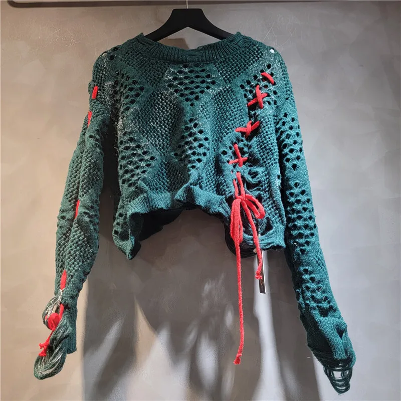 WTHT العصرية المرأة التباين اللون متماسكة الجوف خارج سترة قصيرة 2025 الخريف موضة س الرقبة طويلة الأكمام البلوفرات الإناث 1LS2584 #4