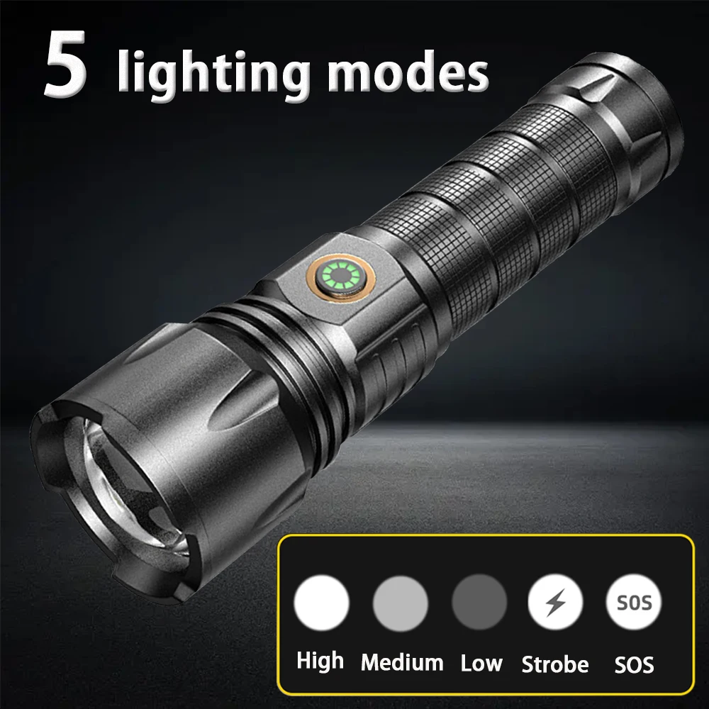 LED Flashlight Telescopic Zoom USB Rechargeable 5 Modes LED Power Display 26650 Battery Super Bright Long Shot Outdoor Tactical Torch for Camping Hiking Emergency