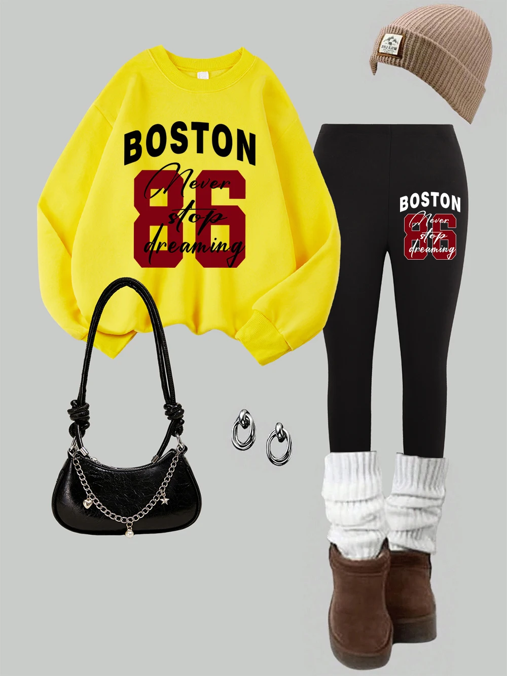 2 Piece Women Boston Never Stop Printing Sweatshirts Leggings Set Winter Fleece Warm Hoodie Pants Casual Womans Jogging Clothes