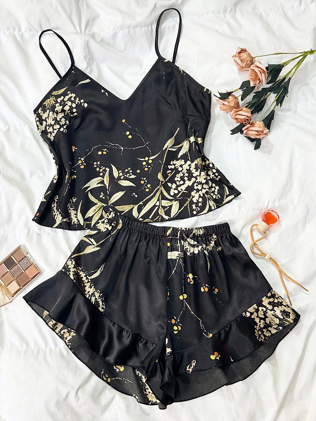 Women's Vintage Floral Print Pajama Set Two-Piece Ruffle Design Loungewear Homewear