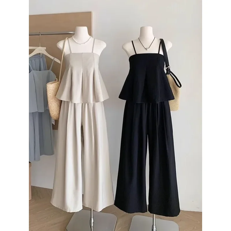 

Summer New Women's Casual Pants Set Strapl Top Wide Leg Pants Faionable Two-Piece Suit Long Pants for Ages 8-25