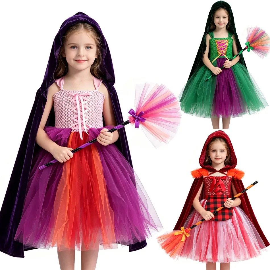 Girls Crazy Witch Tutu Dress Costume With Hooded Cape Broom Multi Color Tulle Dress Halloween Carnival Party Fancy Dress ZZ12