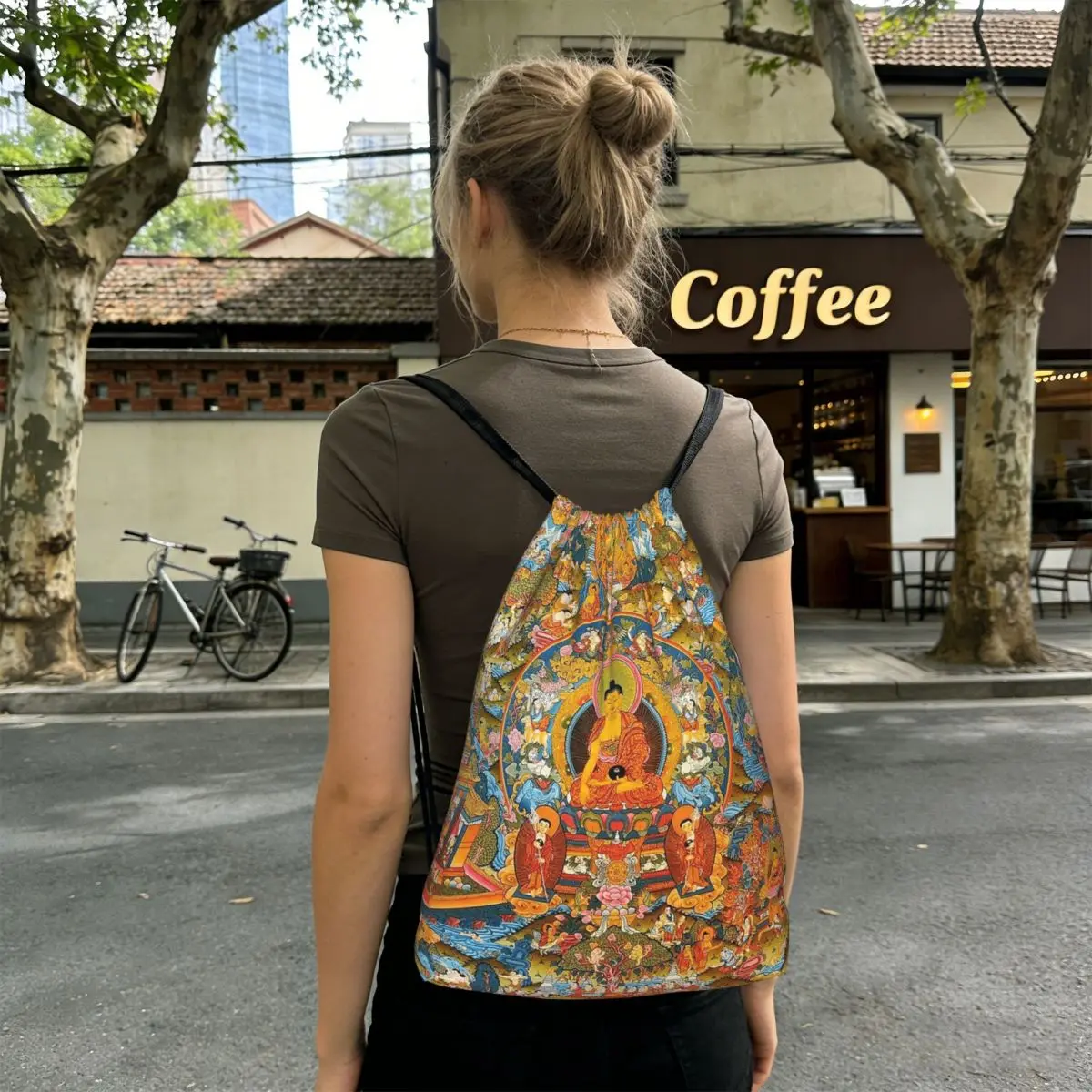 Tantric Buddhist Deity Buddhism God Buddha Backpacks Portable Drawstring Bags Shoes Bag Book Bags for Man Woman School
