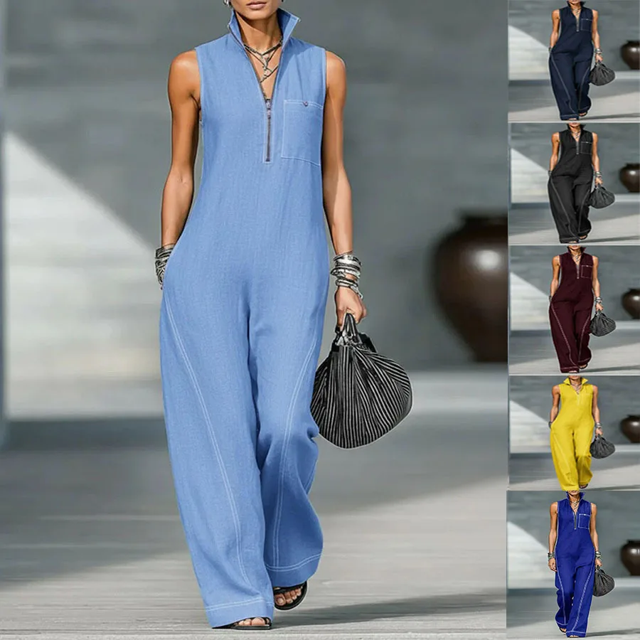 

New 2026 Women's Casual Loose Cotton Lin Romper High Waist Long Pants Sleeveless Stand Collar Wide Leg Jumpsuit Polyester