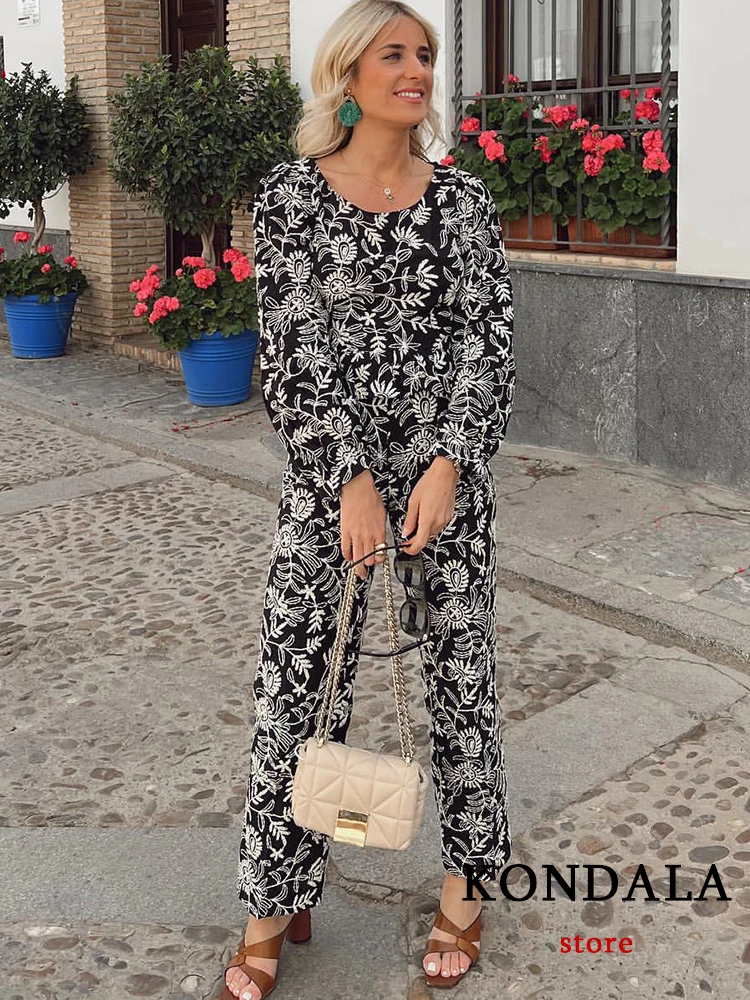 

KONDALA Vintage Black Embroidery Women Suits Long Sleeve O Neck Backless Blouses+High Waist Straight Pants Holiday 2022 Suits